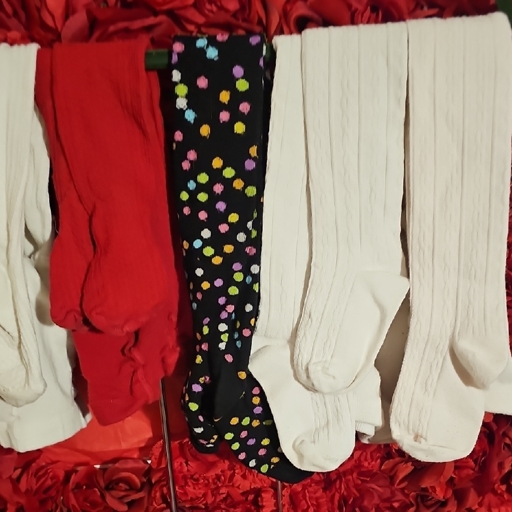 Girls Colorful Kids Tights Set X 5 Pairs Size 4/5 (3 White, 1 Red, 1 Multicolor